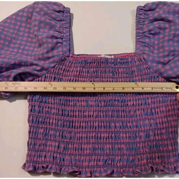 Pink & Blue Bubble Puff Sleeve Gingham Stretchy Crop Blouse Boho Peasant Hippie - Picture 4 of 6
